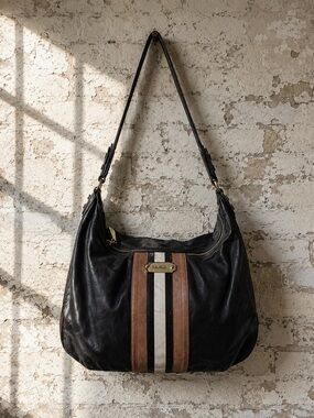 L.A.M.B. Gwen Stefani Genuine Leather Hobo Bag Black Racing Stripe Y2K